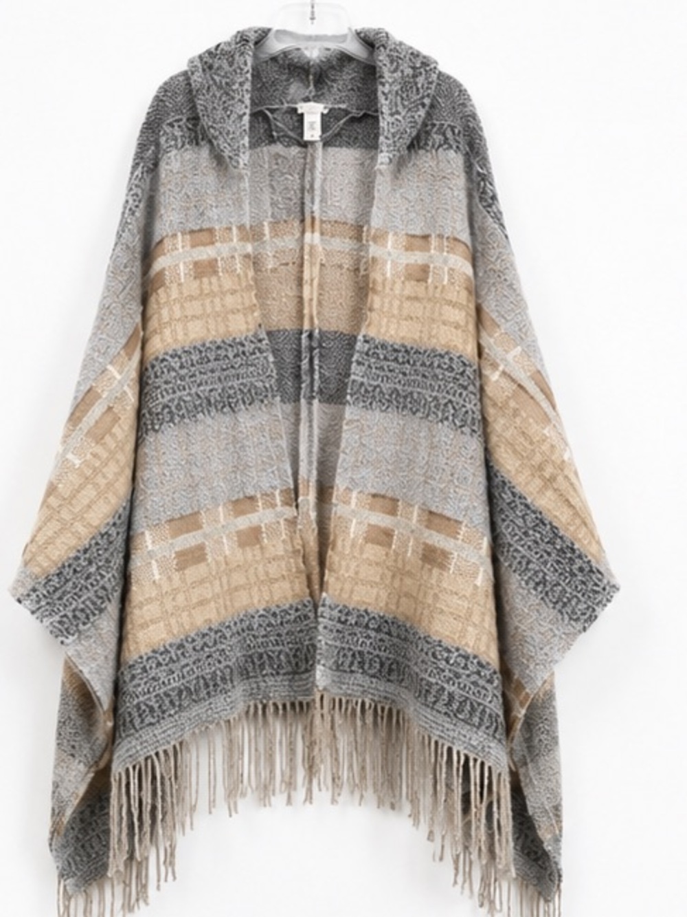 Free People Cozy Hooded Fringe Poncho in Gray and Tan